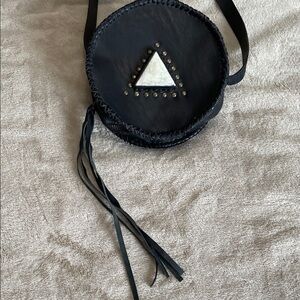 Stunning  Black Crossbody Genuine Leather Bag with Triangle Detail